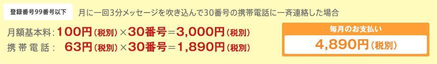 月額基本料：100円（税別）×30番号＝3,000円（税別）携帯電話：63円（税別）×30番号＝1,890円（税別）毎月のお支払い4,890円（税別）